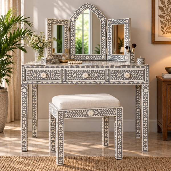 Black and white bone inlay dressing table with mirror and stool