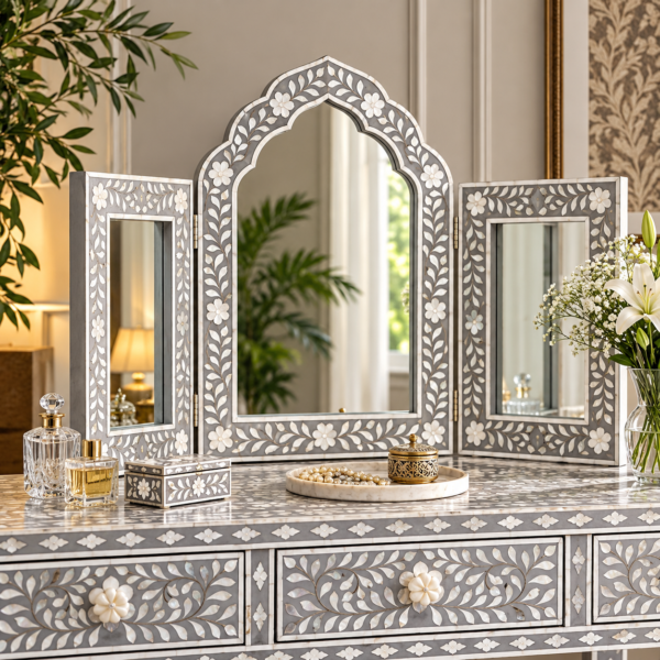 Floral bone inlay dressing table with triple mirror