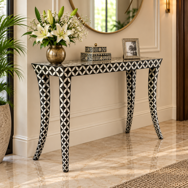 Black and white bone inlay console table with geometric pattern