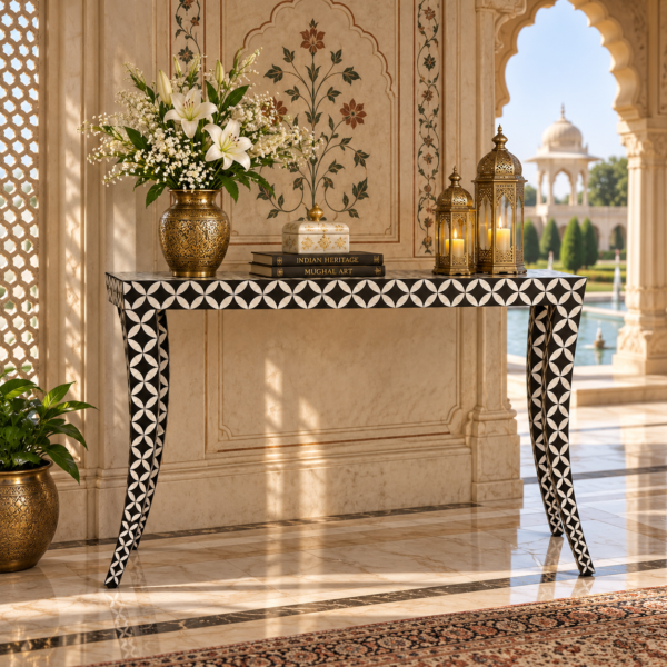 Black and white bone inlay console table tabletop detail