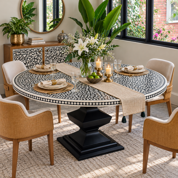 Black and white bone inlay round dining table with floral pattern
