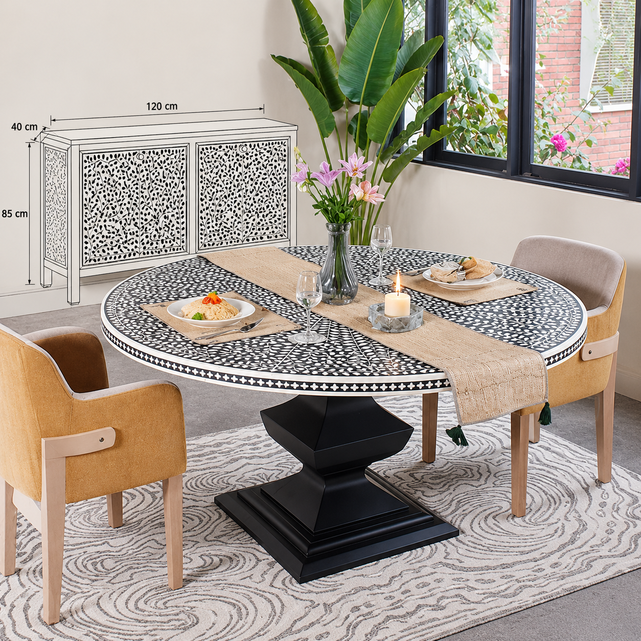 Round bone inlay dining table with sculptural pedestal base Round bone inlay dining table with sculptural pedestal base