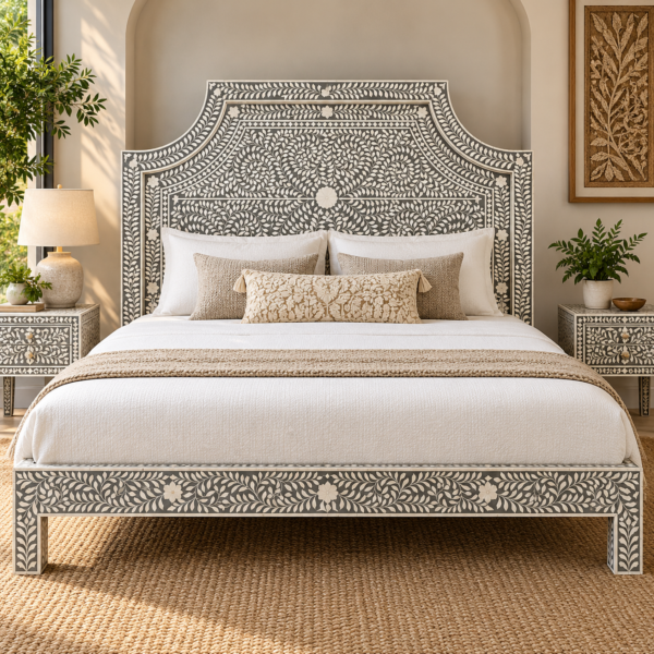 Black and white bone inlay platform bed with floral pattern