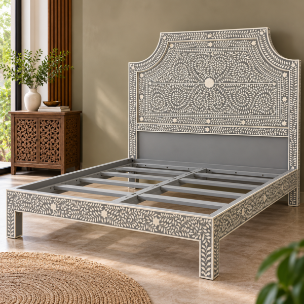 Intricate floral bone inlay headboard in black and white