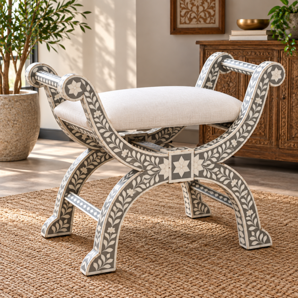 Handcrafted black and white bone inlay armchair front view