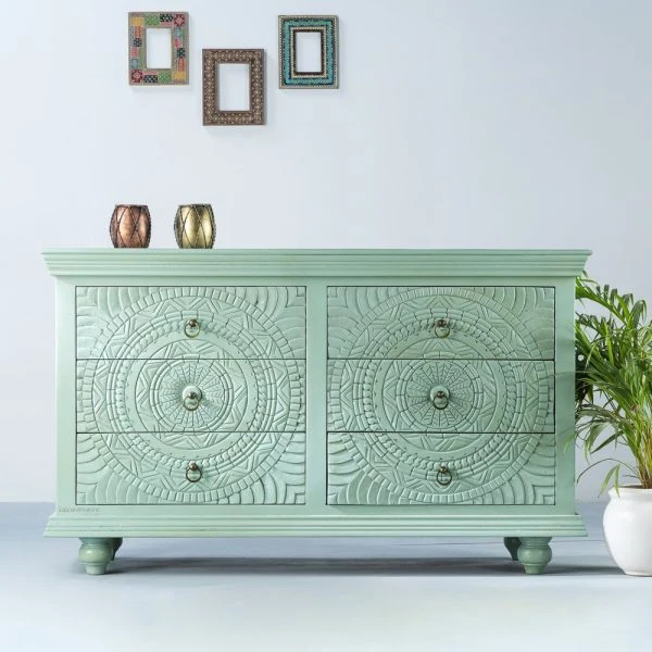 Mint Green Bone Inlay 6 Drawer Chest with Hand-Carved Floral Mandala Design in Luxury Living Room