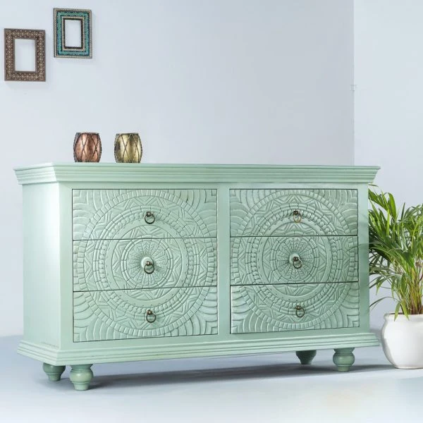 mint-green-bone-inlay-dresser-front.webp Close-Up of Hand-Carved Floral Bone Inlay Drawer Detailing on Mint Green Wooden Cabinet