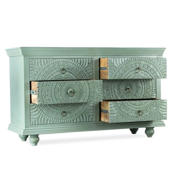 Front View of Handcrafted Mint Green Bone Inlay Chest of Drawers with Floral Carved Pattern
