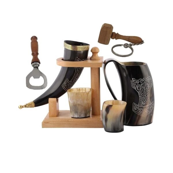 Natural horn drinking horn with wooden tabletop stand