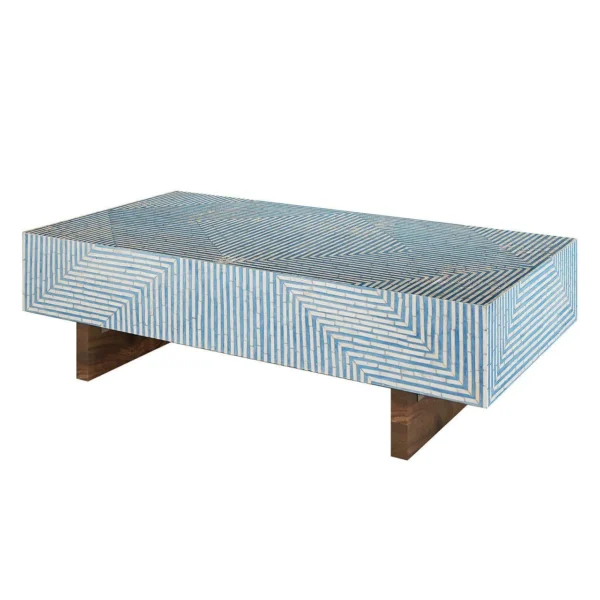 Blue rectangular bone inlay coffee table featuring intricate geometric striped craftsmanship and solid wooden base