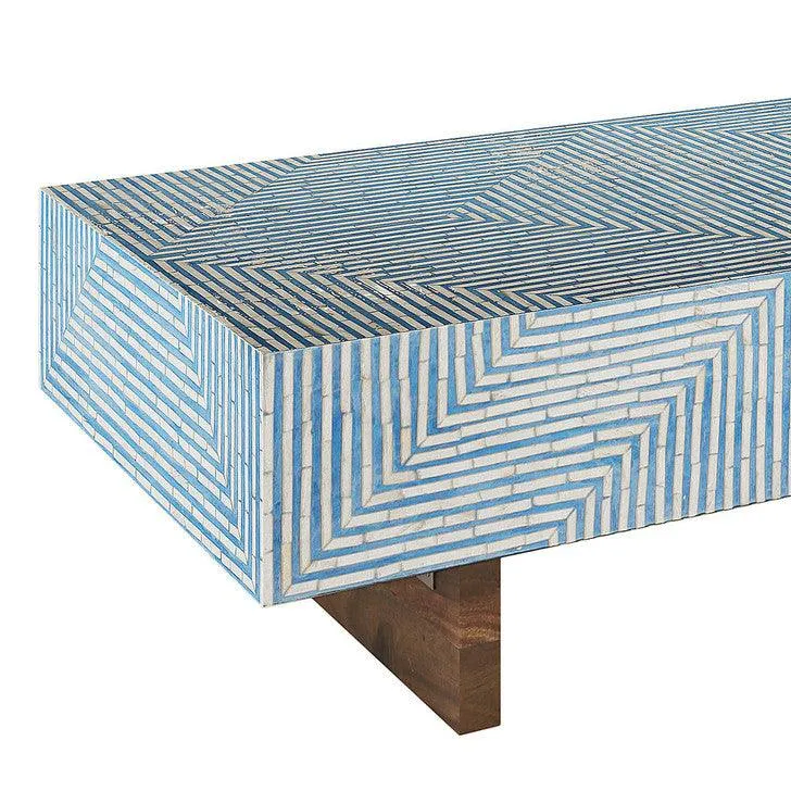 blue-bone-inlay-coffee-table-top.webp Top view of handmade blue bone inlay coffee table showcasing detailed geometric inlay craftsmanship