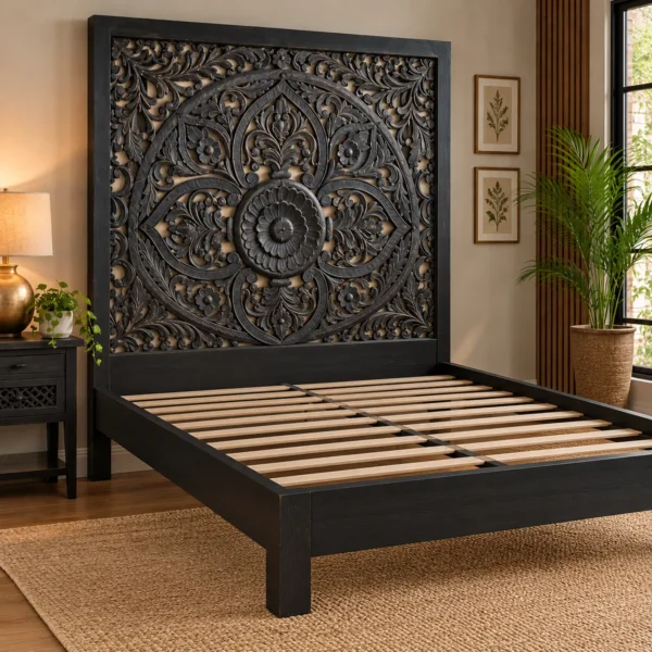 Black carved wood platform bed with wooden slat support