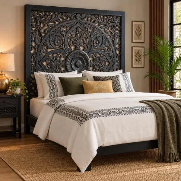Black carved wood platform bed with ornate floral headboard