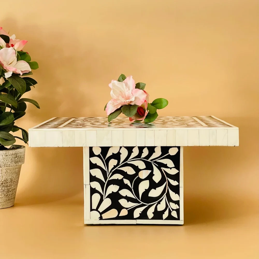 Bone inlay square cake stand with black floral design Bone inlay square cake stand with black floral design