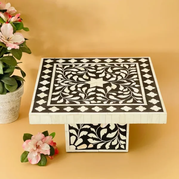 Black and white bone inlay cake stand with floral pattern
