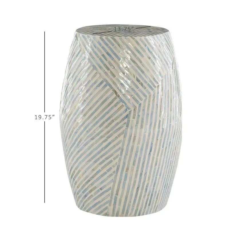 blue-bone-inlay-side-table-top.webp Top view of blue bone inlay drum table showcasing handcrafted striped bone inlay pattern
