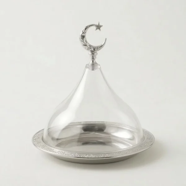 Crescent glass cloche serving stand displaying traditional sweets