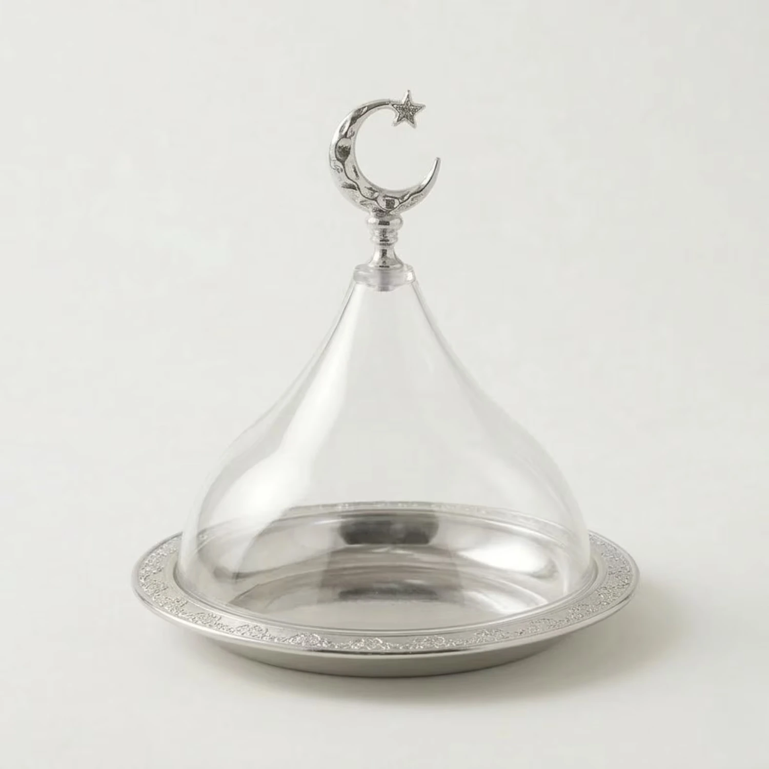 Crescent glass cloche serving stand displaying traditional sweets Crescent glass cloche serving stand displaying traditional sweets