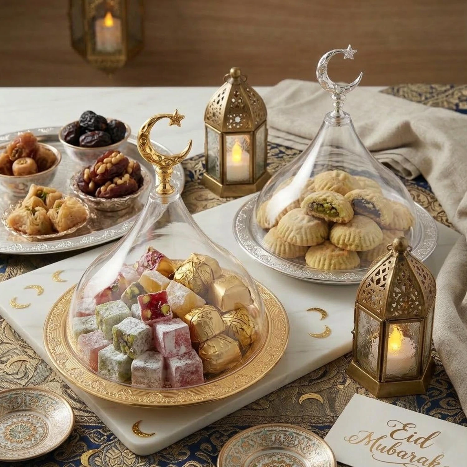 Crescent glass cloche serving stand displaying traditional sweets Crescent glass cloche serving stand displaying traditional sweets