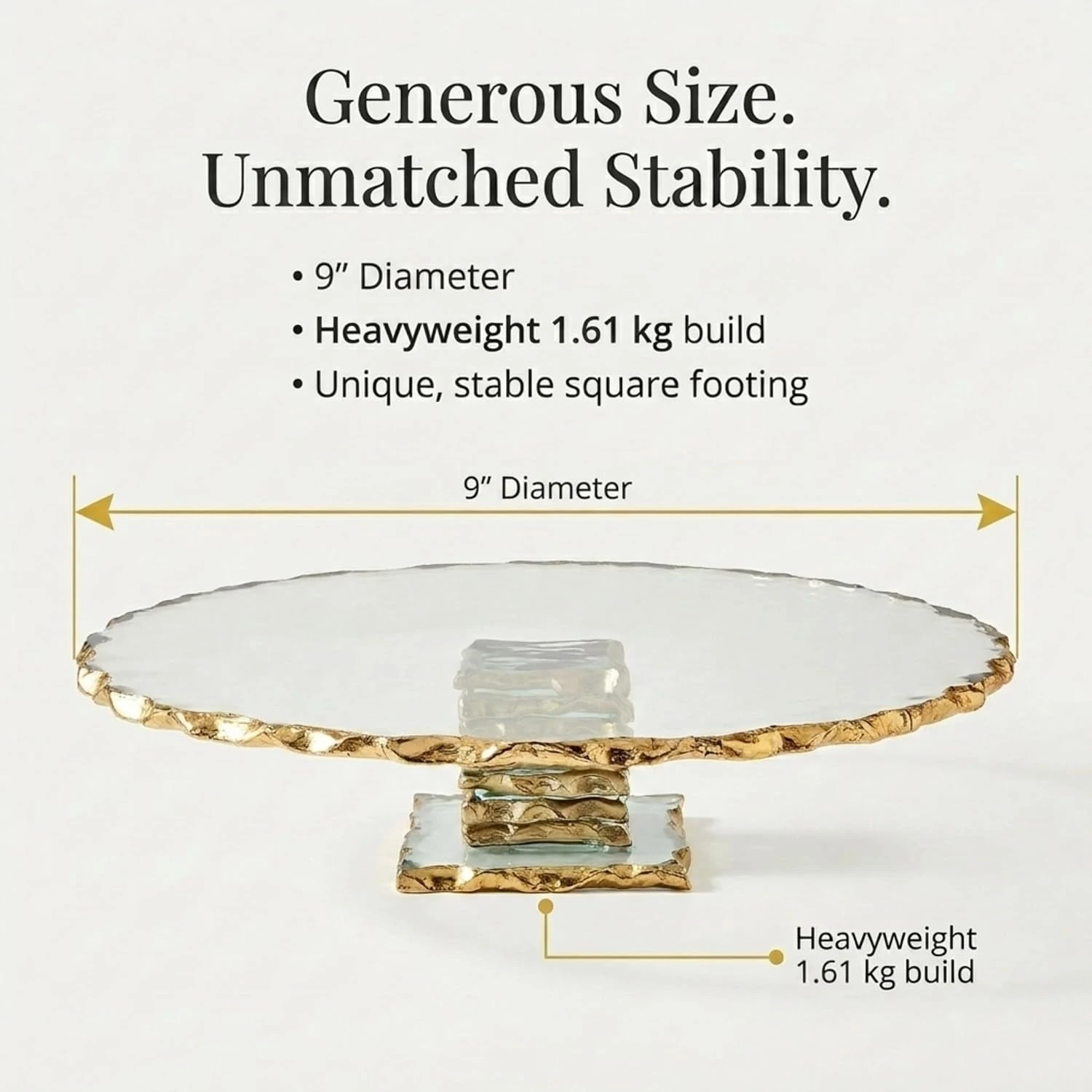 gold-trim-resin-cake-stand-9-inch.webp 9 inch round resin cake stand with stable square pedestal base