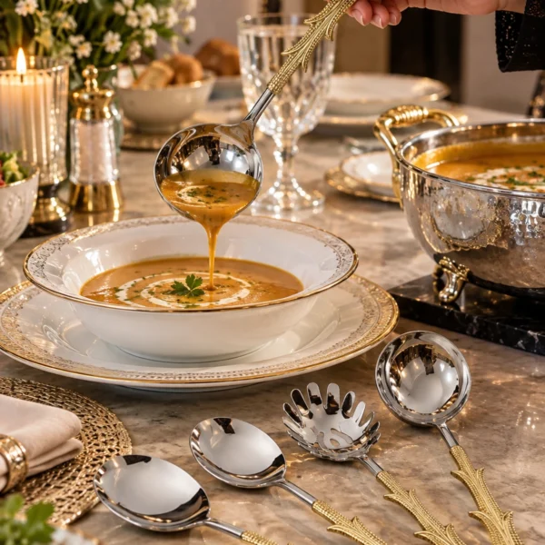 Stainless steel and brass serving utensil set with gold resin handles