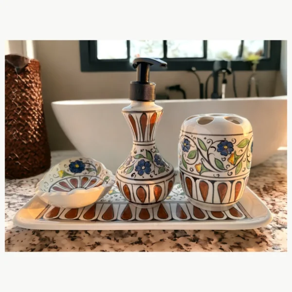 Hand-painted ceramic bathroom accessories set with floral design