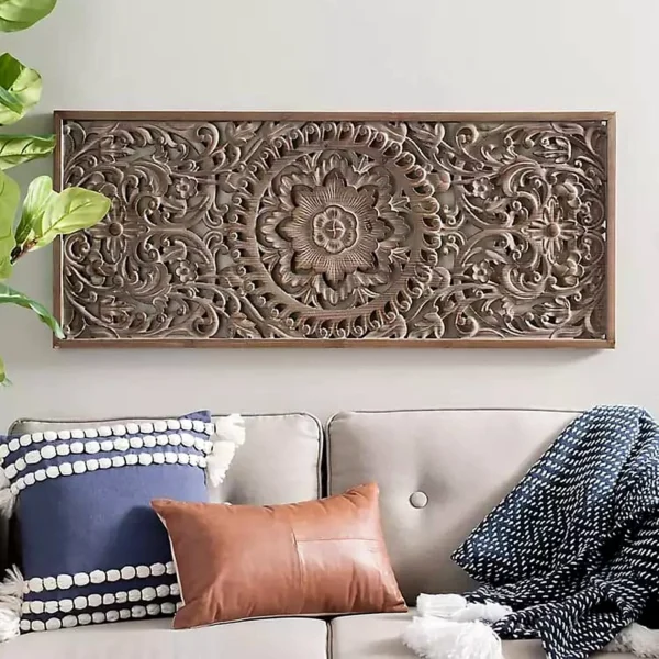 Handcrafted carved wooden wall art with floral mandala design