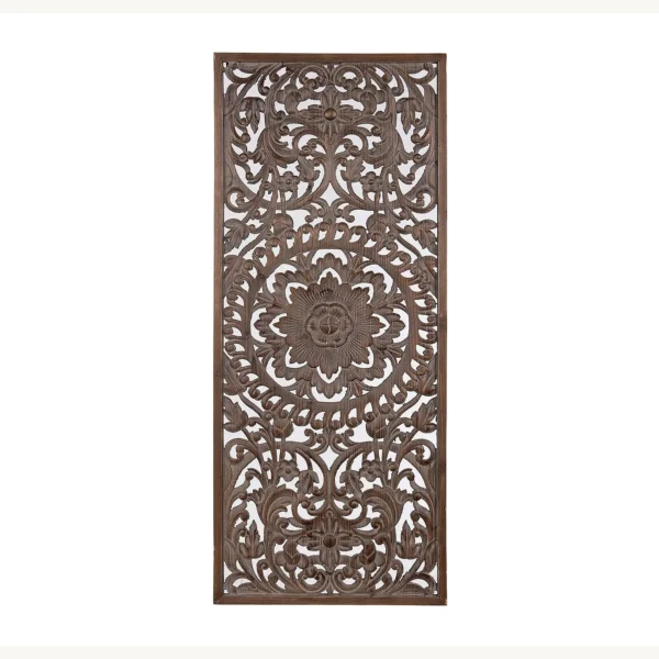 Carved wooden wall panel with intricate floral ornamental design