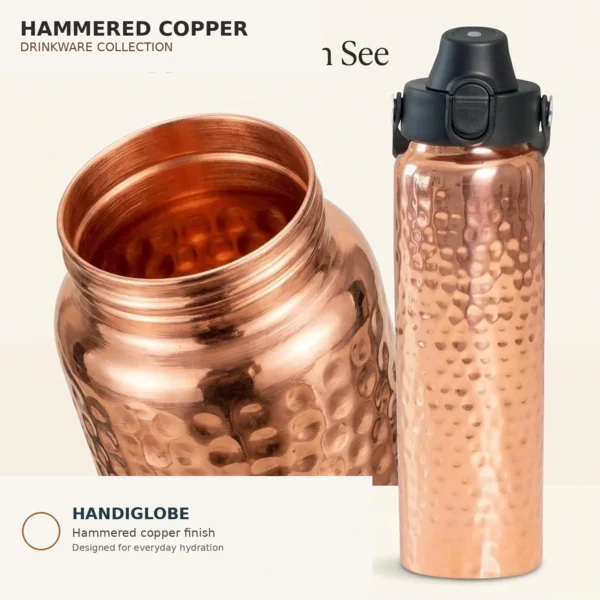 Hammered copper water bottle with black plastic push-button cap