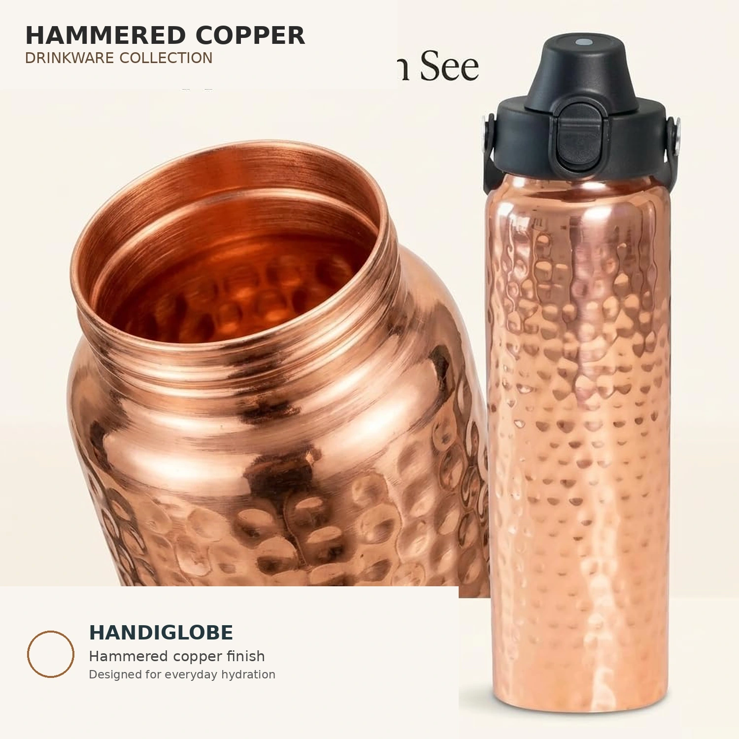 handiglobe-copper-bottle-01 Hammered copper water bottle with black plastic push-button cap