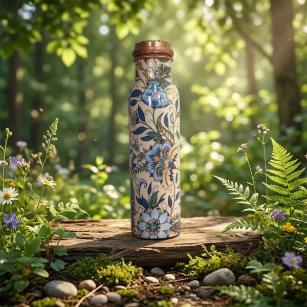 Decorative copper water bottle in natural outdoor setting
