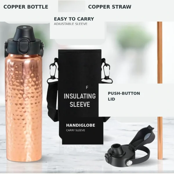 Hammered copper water bottle with plastic cap and accessories