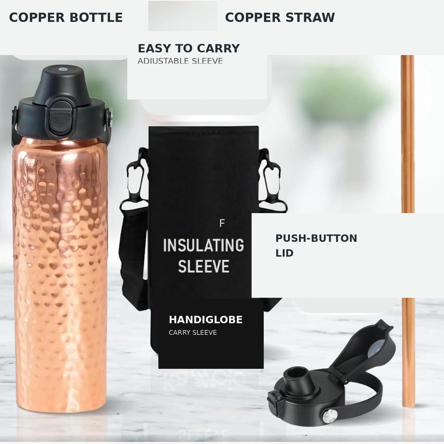 Hammered copper water bottle with plastic cap and accessories Hammered copper water bottle with plastic cap and accessories