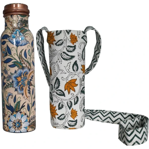 Copper water bottle with matching floral fabric carry sleeve
