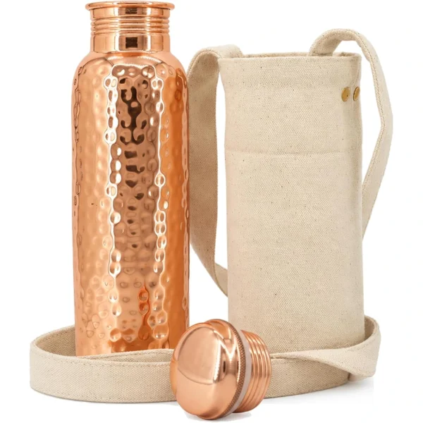 Hammered copper water bottle with canvas carry bag