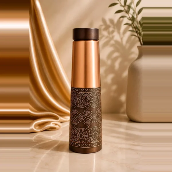 Decorative engraved copper water bottle with floral geometric design