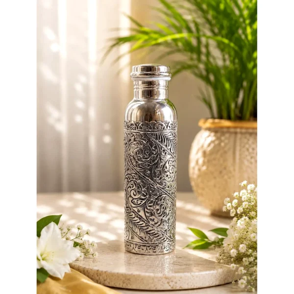 Ornate floral engraved silver-tone water bottle
