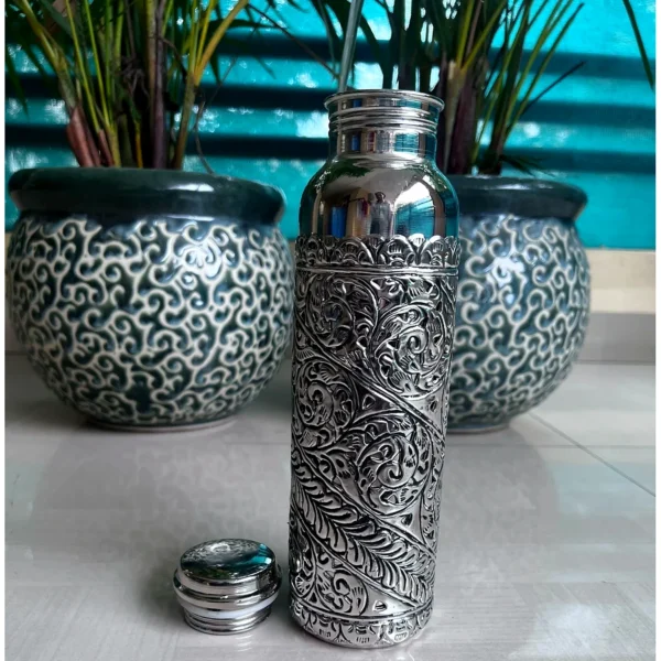 Handcrafted engraved silver-tone metal water bottle