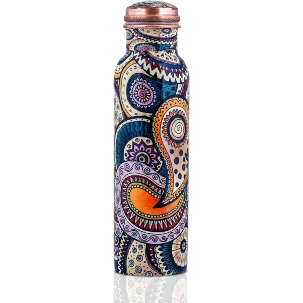 Handcrafted decorative copper water bottle with colorful paisley mandala design
