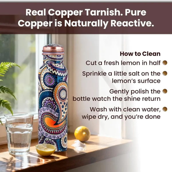 Decorative copper water bottle showing copper tarnish and cleaning care