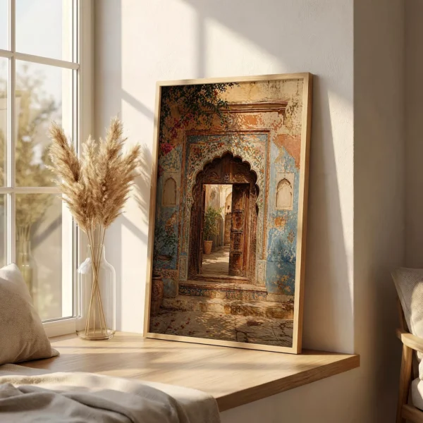 Indian inspired architectural wall art painting in framed display