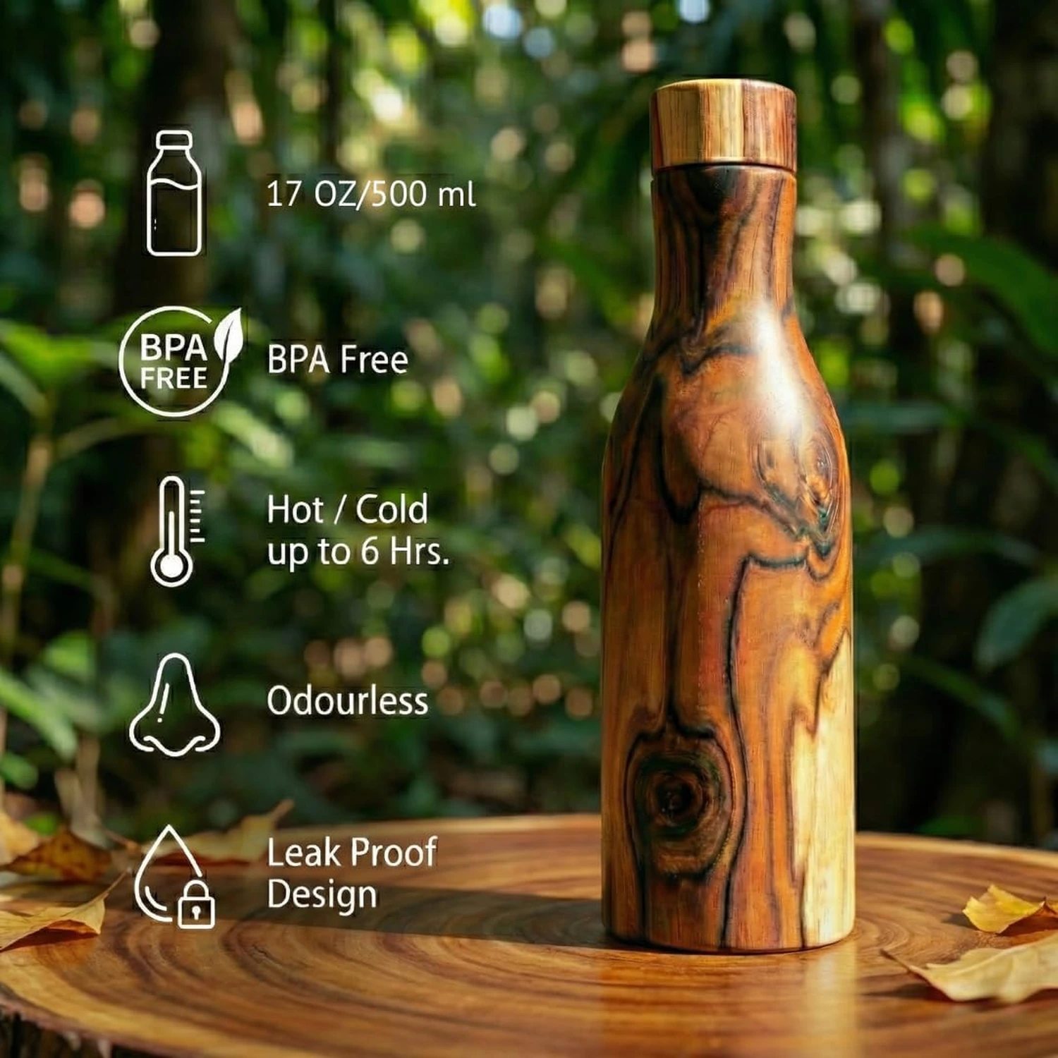 Handcrafted wooden water bottle with copper interior 500ml Handcrafted wooden water bottle with copper interior 500ml