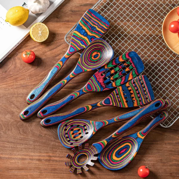 Colorful wooden spatula and slotted turner kitchen utensil set
