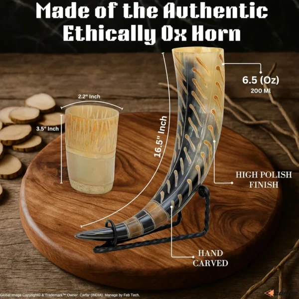 Handcrafted natural horn drinking horn with carved detailing