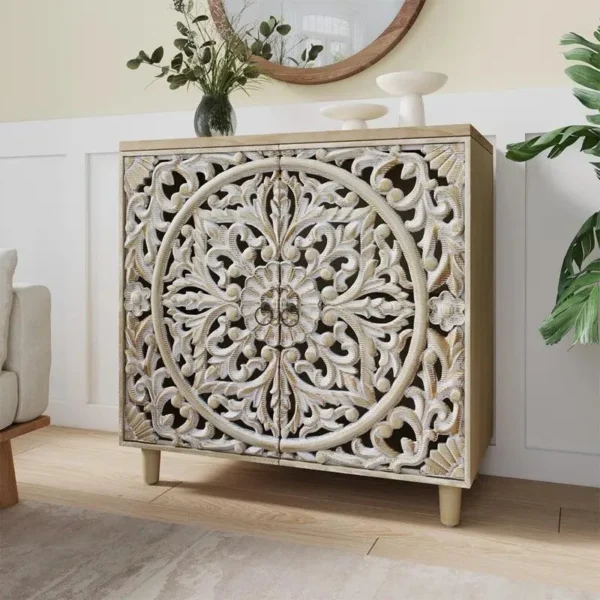 Hand-carved floral wooden accent cabinet with intricate circular medallion design in a luxury living room