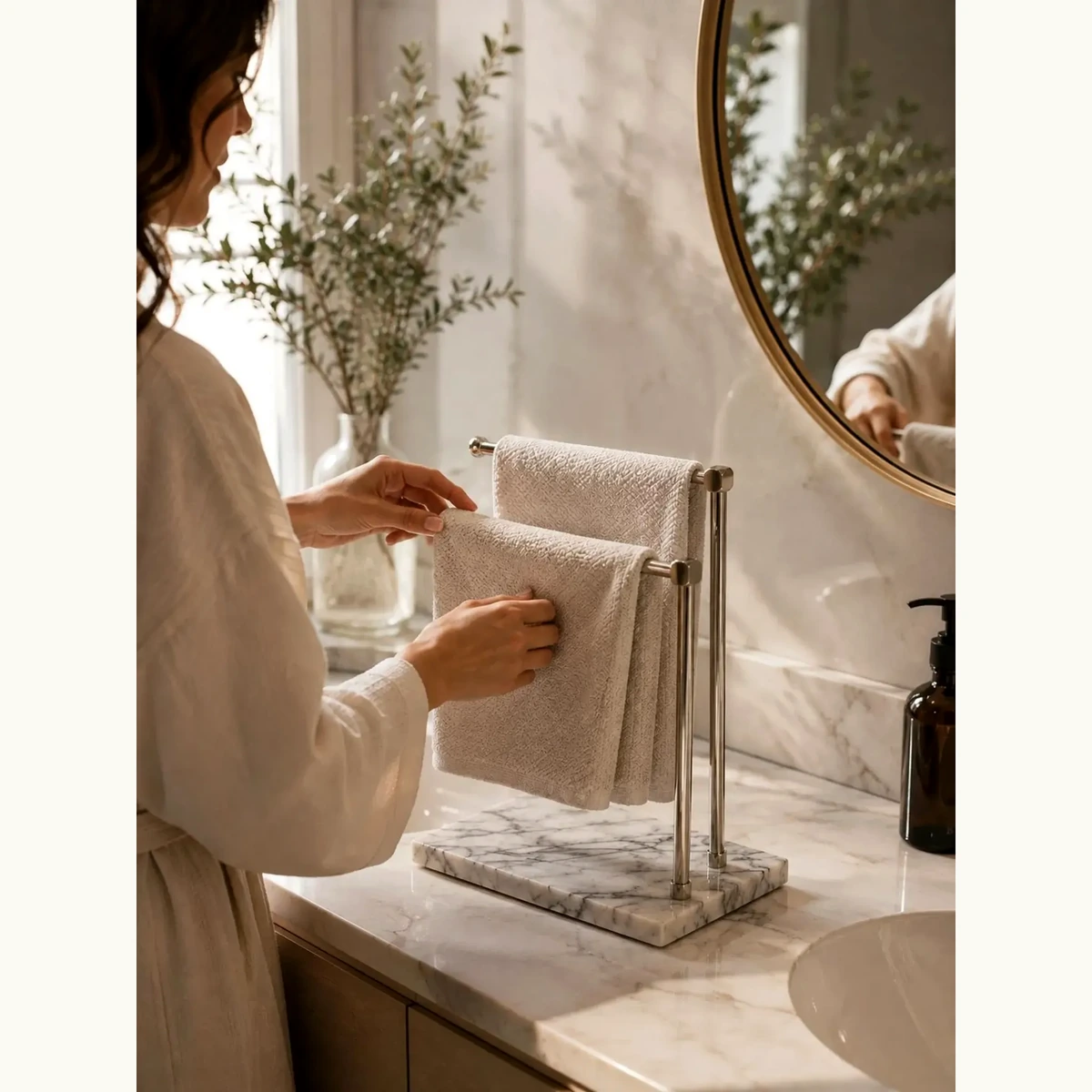Close up of white marble base and polished metal towel rack Close up of white marble base and polished metal towel rack