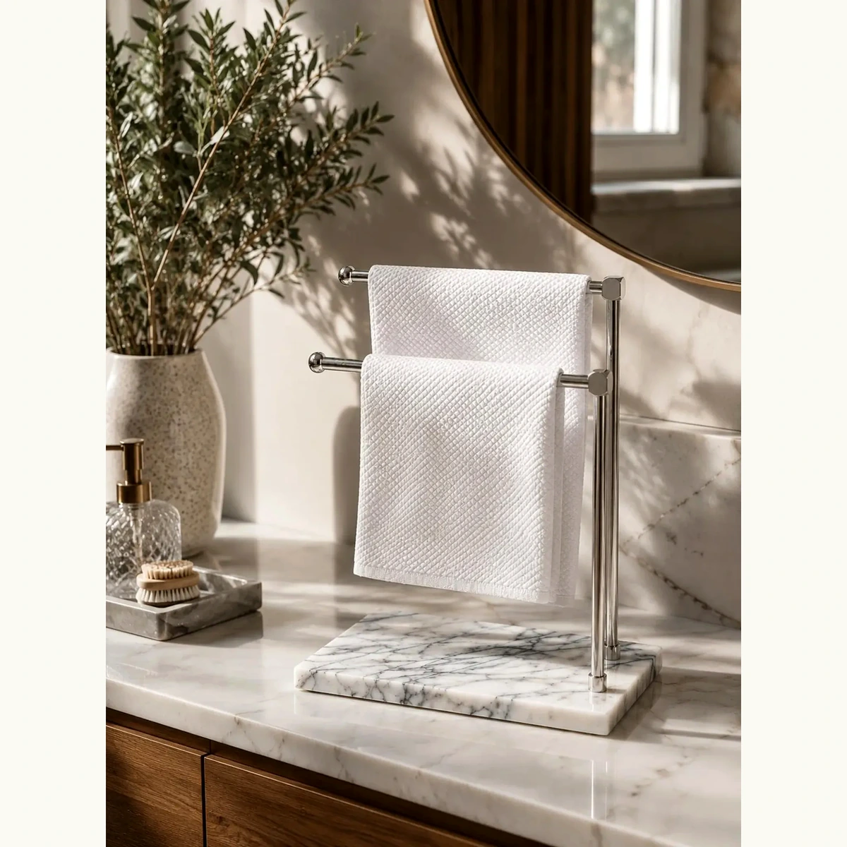 White marble double towel rack freestanding bathroom stand White marble double towel rack freestanding bathroom stand