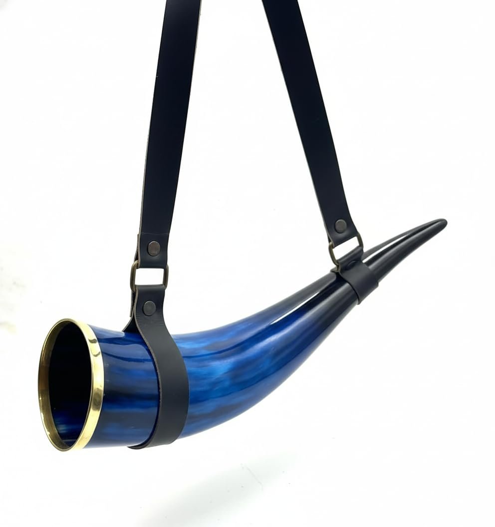 blue-ceramic-horn-mug-carrying-strap.webp Blue ceramic horn mug with adjustable carrying strap