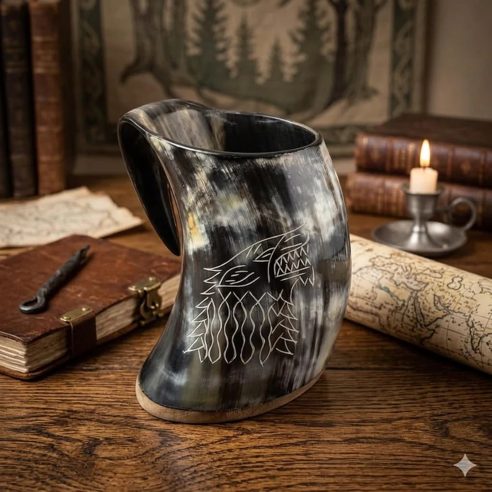 engraved-natural-horn-viking-mug-lifestyle.webp Handcrafted engraved natural horn Viking mug in rustic medieval setting