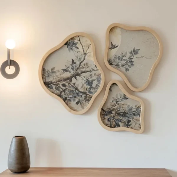 3 piece organic botanical wall art set with natural wood frames
